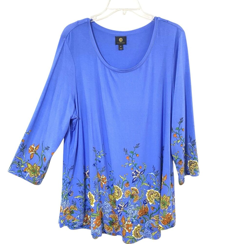 JM Collection 2X Blue FLORAL Pullover STRETCH Jersey Knit MINI Dress